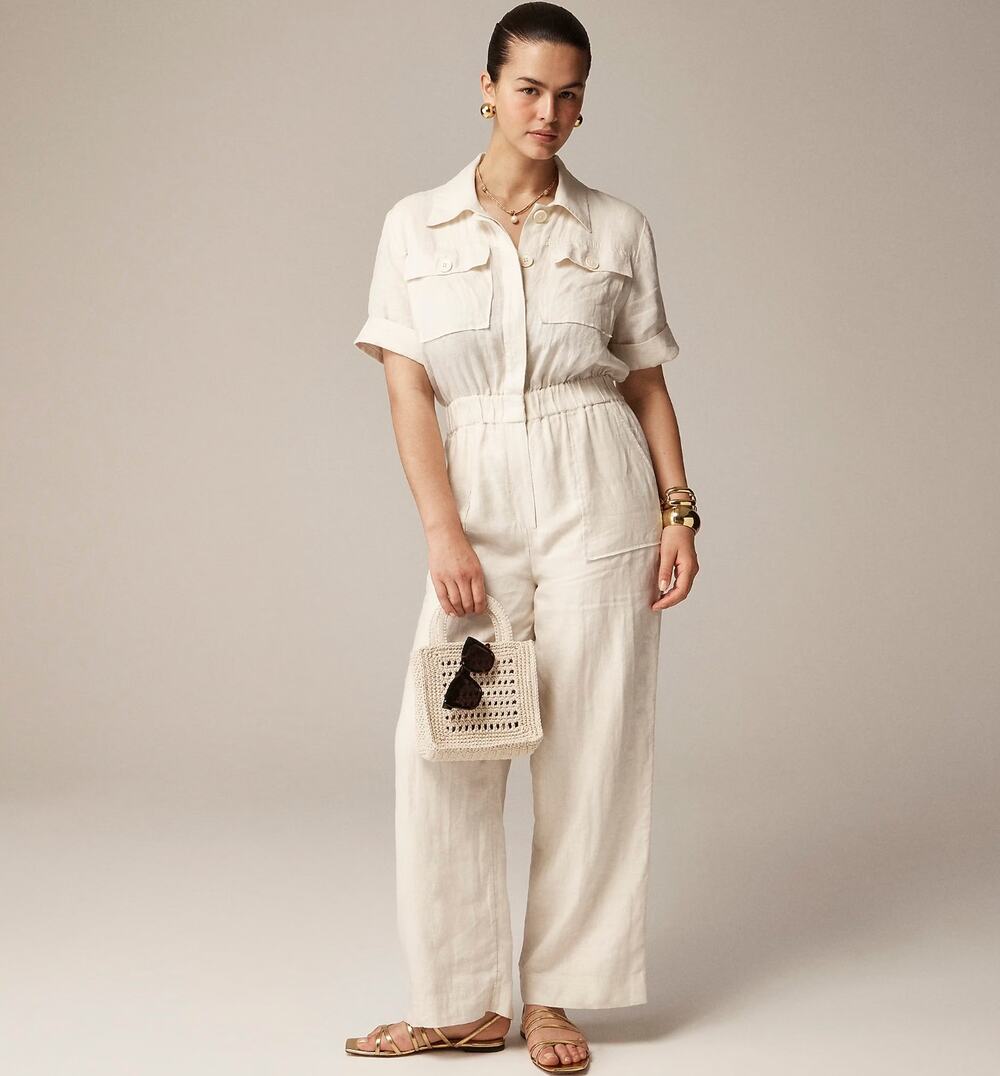 J.Crew Linen Jumpsuit Natural Beige Relaxed Pockets Lightweight Womens US 2 NWT